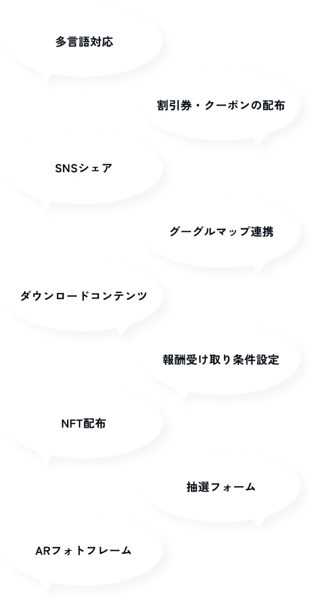 多言語対応、割引券・クーポンの配布、SNSシェア、グーグルマップ連携、ダウンロードコンテンツ、報酬受け取り条件設定、抽選フォーム、NFT配布、ARフォトフレーム